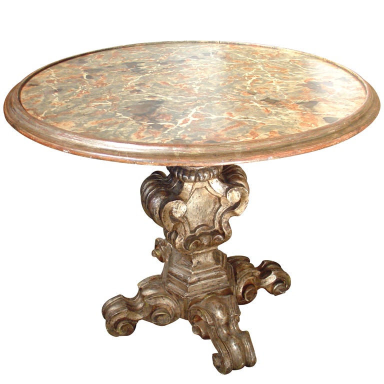 Small Round Giltwood Table from Italy with Faux Marble Top