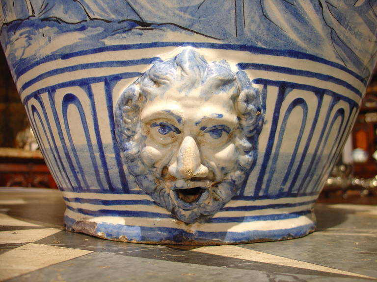 Glazed Large Blue and White Antique Majolica Vase from Italy, circa 1800