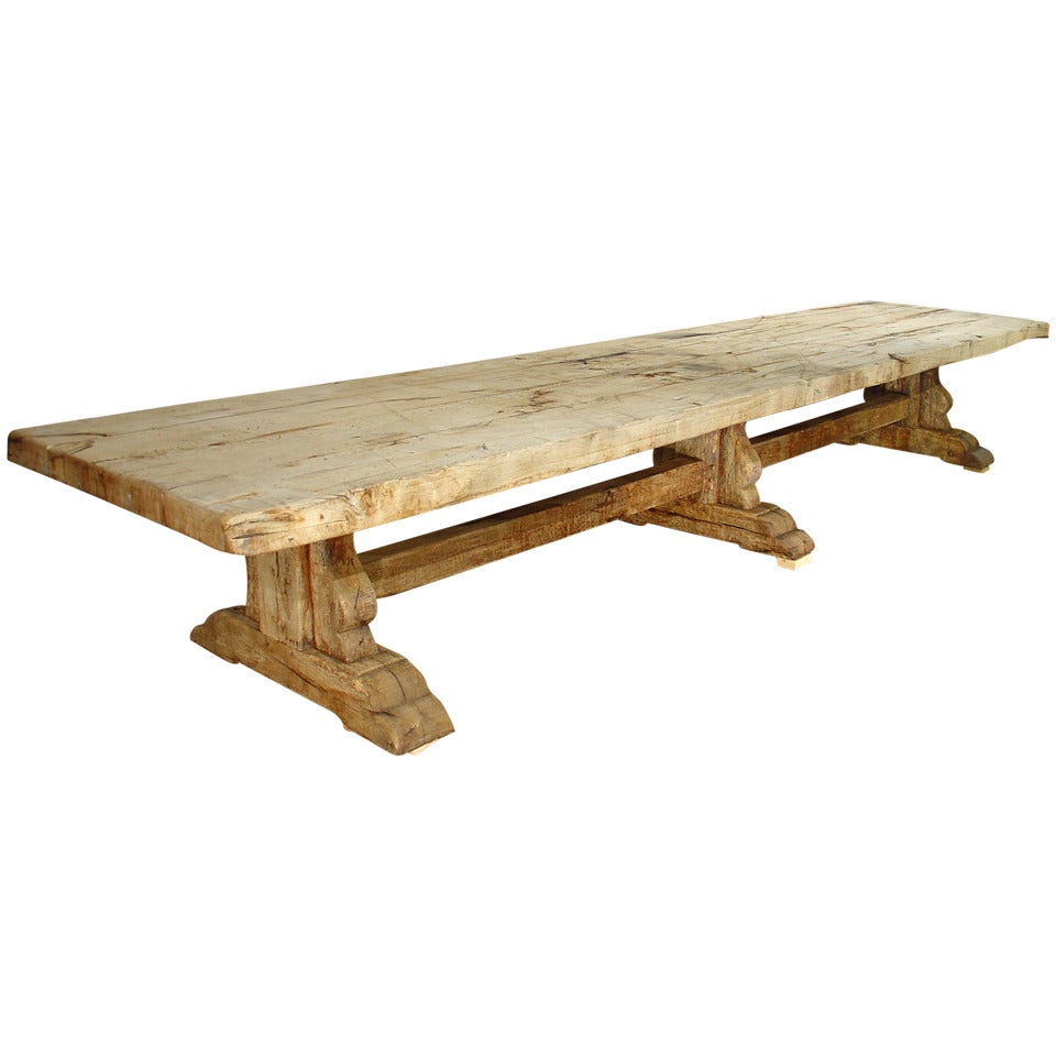 Massive Antique Stripped Oak Dining Table from France