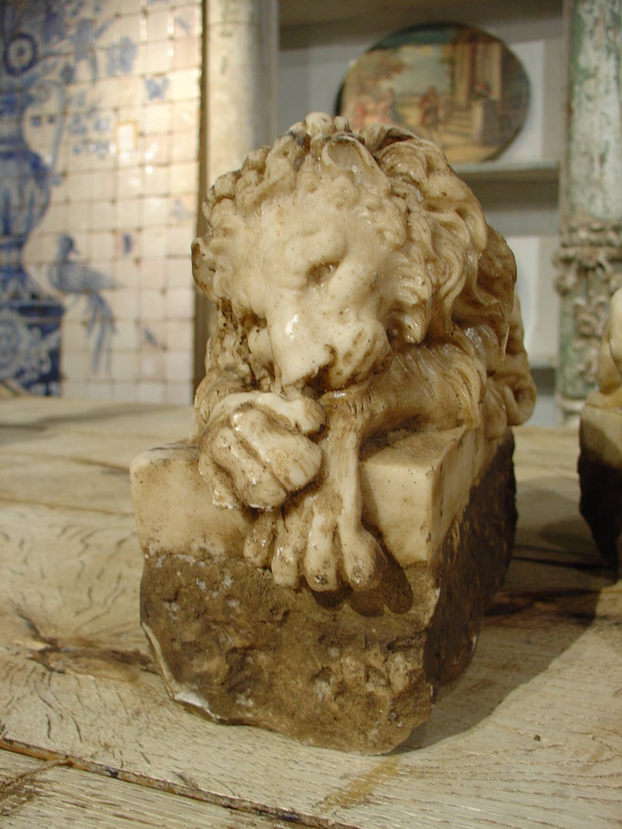 A Pair of Hand Carved Marble Lions from Italy on Rectangular Plinths 1