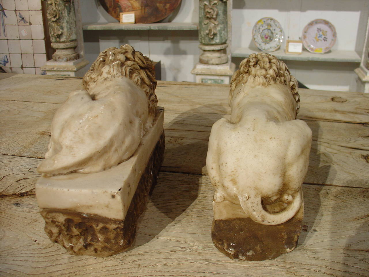 A Pair of Hand Carved Marble Lions from Italy on Rectangular Plinths 4