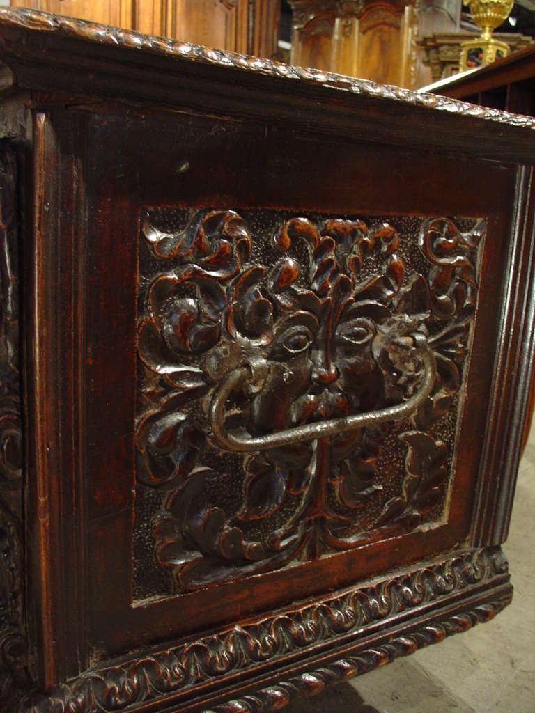 This magnificent hand carved walnut wood trunk from Alsace has ornamentation and motifs from the Renaissance Period. It has heavily carved panels on patterned grounds that feature vases with symmetrically placed floral, fruit and foliate motifs. 