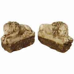 A Pair of Hand Carved Marble Lions from Italy on Rectangular Plinths