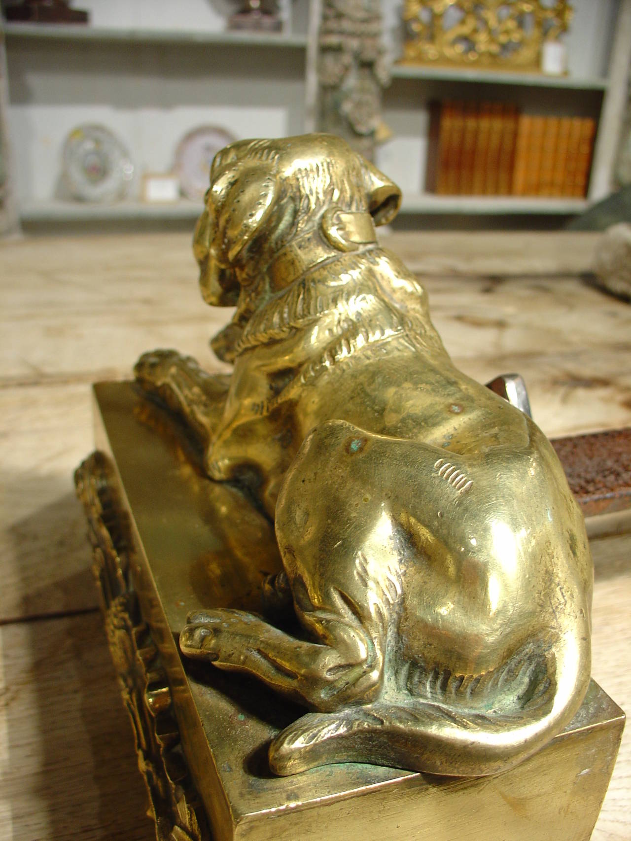 Brass Pair of Antique Mastiff Andirons from France