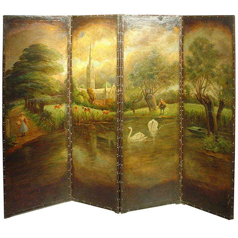 Antique Painted Leather Screen, Northern France circa 1850 at 1stdibs