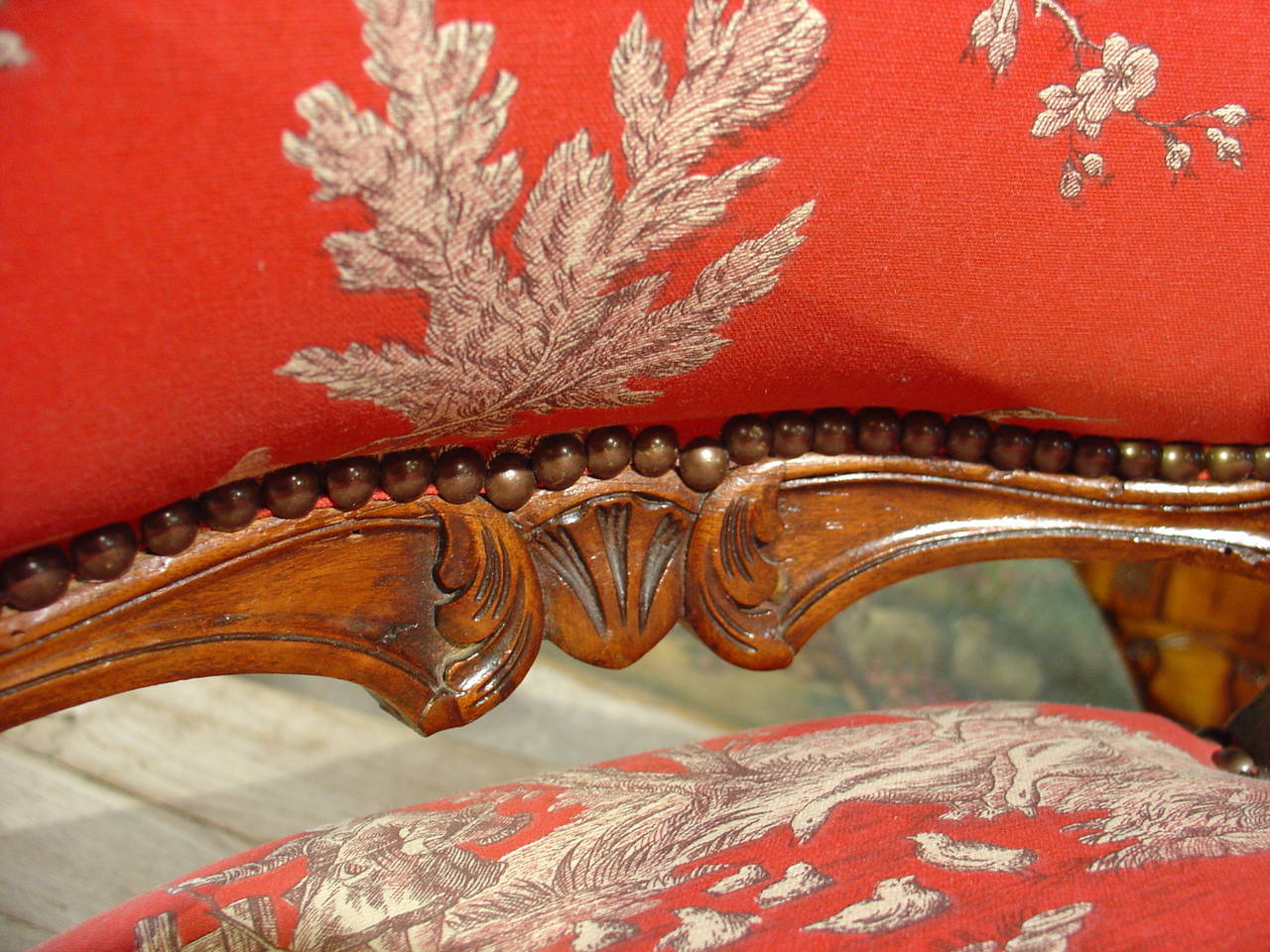 Pair of Louis XV Style Walnut Fauteuils with Toile de Jouy Upholstery In Good Condition In Dallas, TX