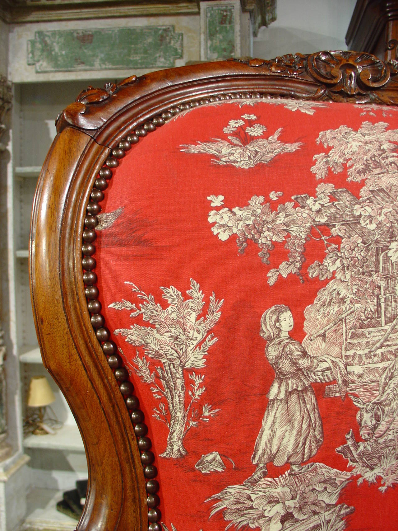 19th Century Pair of Louis XV Style Walnut Fauteuils with Toile de Jouy Upholstery