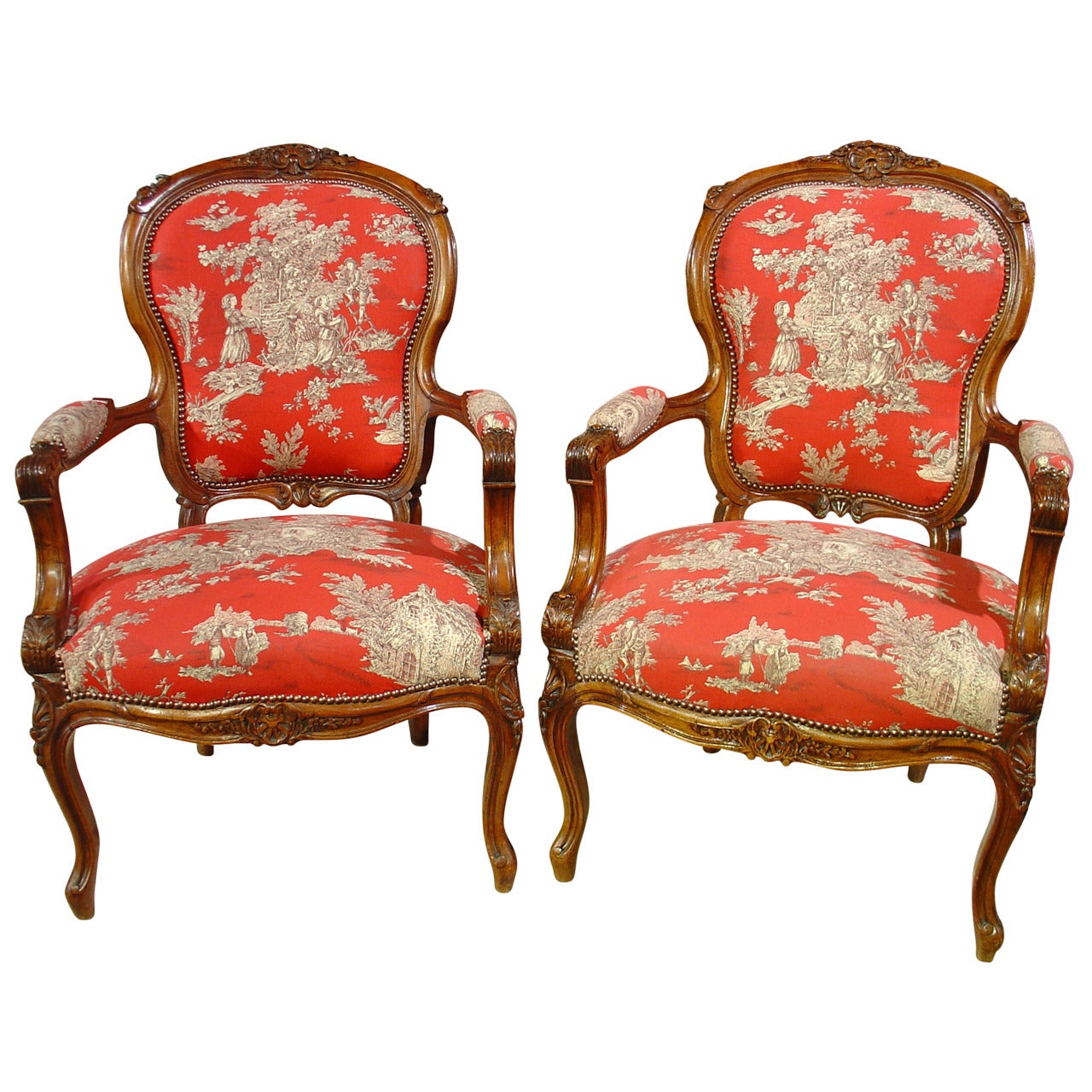 Pair of Louis XV Style Walnut Fauteuils with Toile de Jouy Upholstery