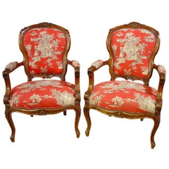 Antique Pair of Louis XV Style Walnut Fauteuils with Toile de Jouy Upholstery