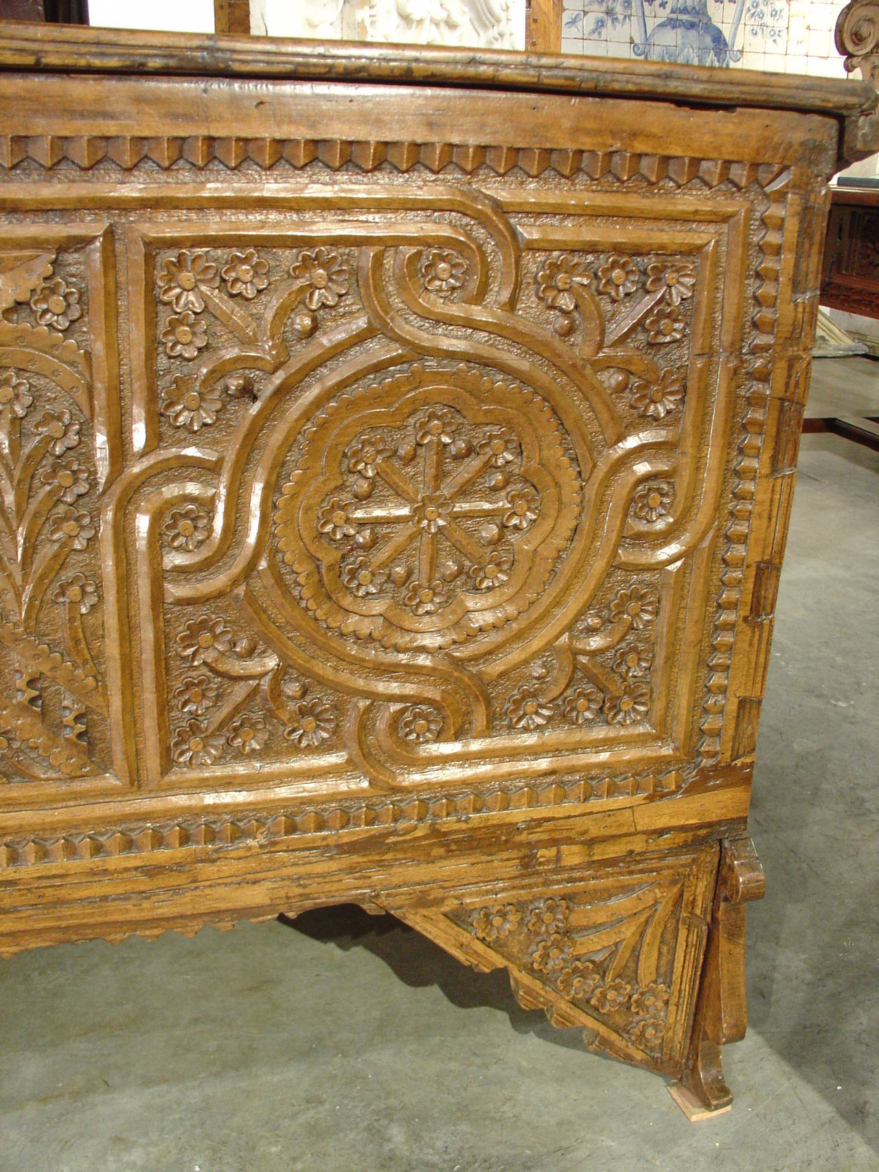 Carved 17th Century Walnut Wood Trunk from Seville, Spain