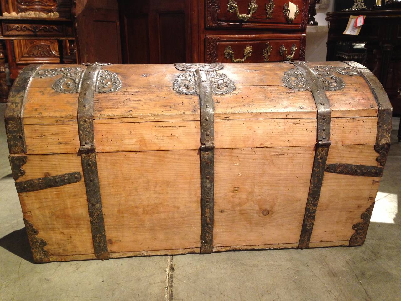 French Iron Clad Wooden Trunk Dated 1791 In Fair Condition In Dallas, TX
