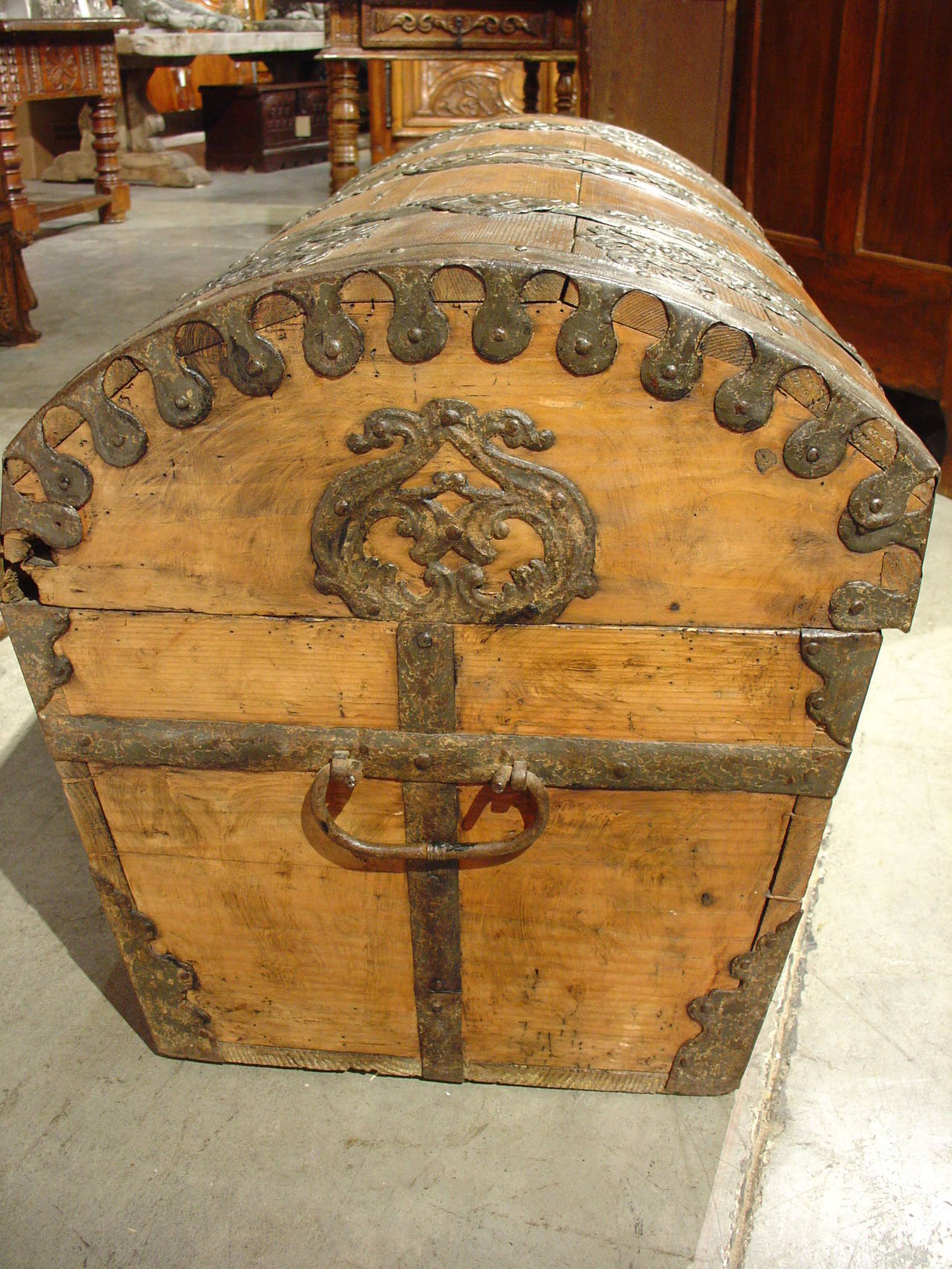 French Iron Clad Wooden Trunk Dated 1791 5