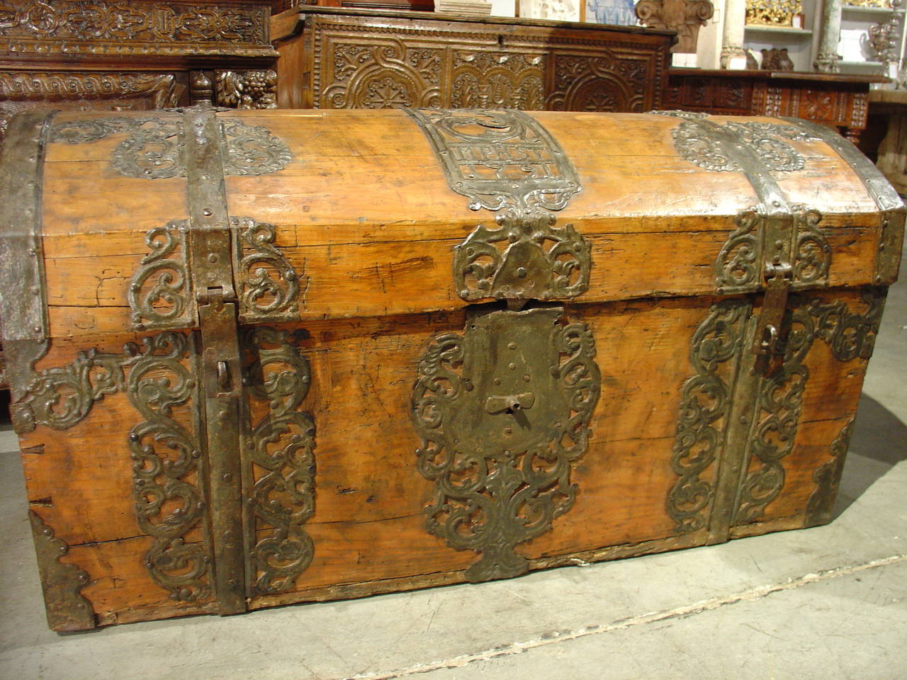 18th Century and Earlier French Iron Clad Wooden Trunk Dated 1791