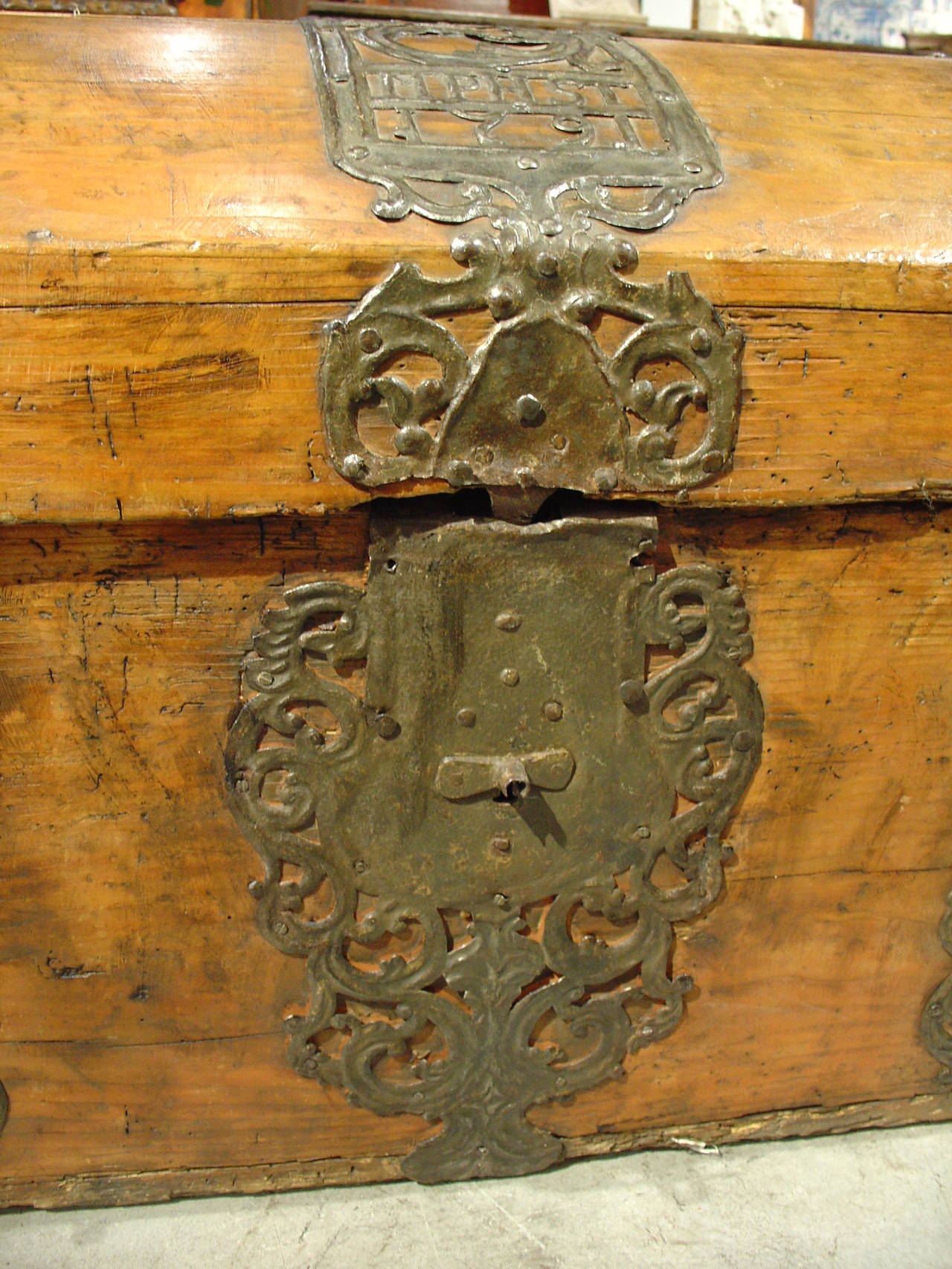 French Iron Clad Wooden Trunk Dated 1791 1