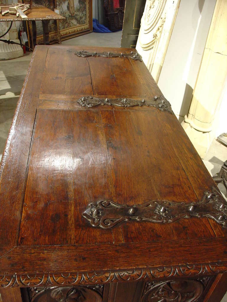 Large Antique French Oak Trunk with Thick Forged Iron Hinges and Lock 2