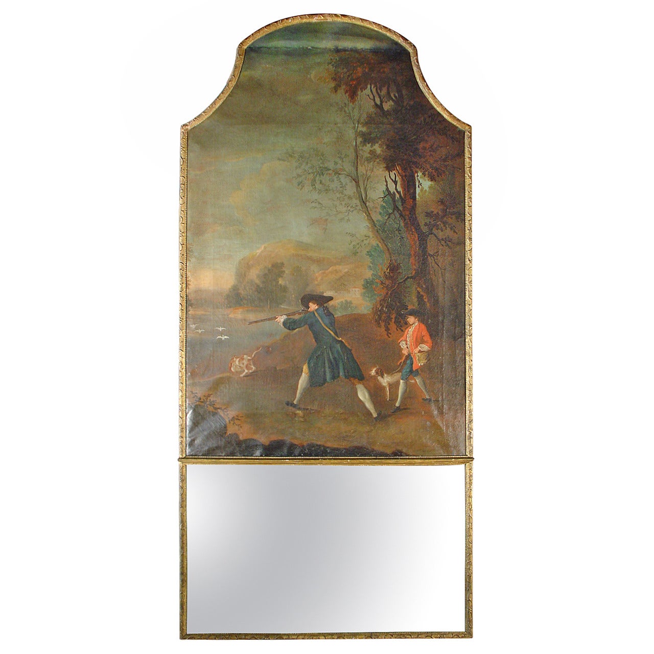 Large and Rare Period French Regence Trumeau Depicting a Hunting Scene