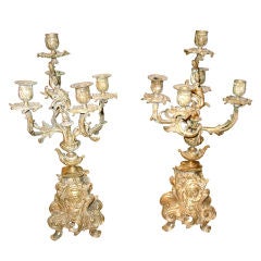 Pair of Antique Louis XV Rococo Style Bronze Candleabras