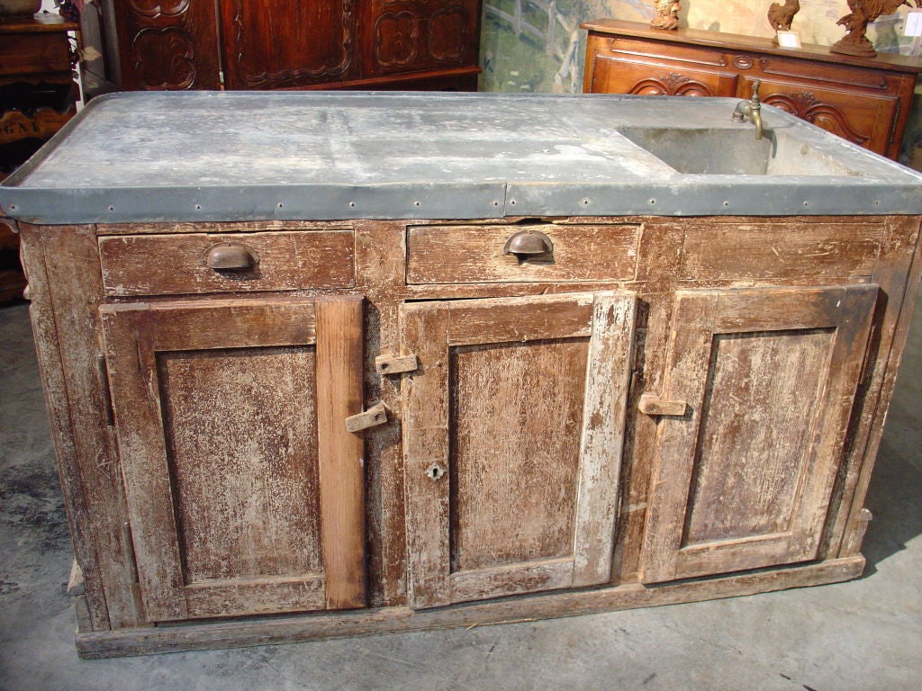 French 19th Century Painted Counter with Zinc Top and Sink