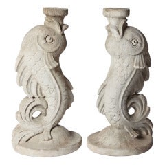 Vintage Pair of Reconstituted Stone Dolphin Statues-France