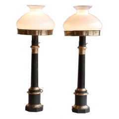 Antique Pair Of French Oil Lamps, Now Electrified As Table Lamps C. 1820