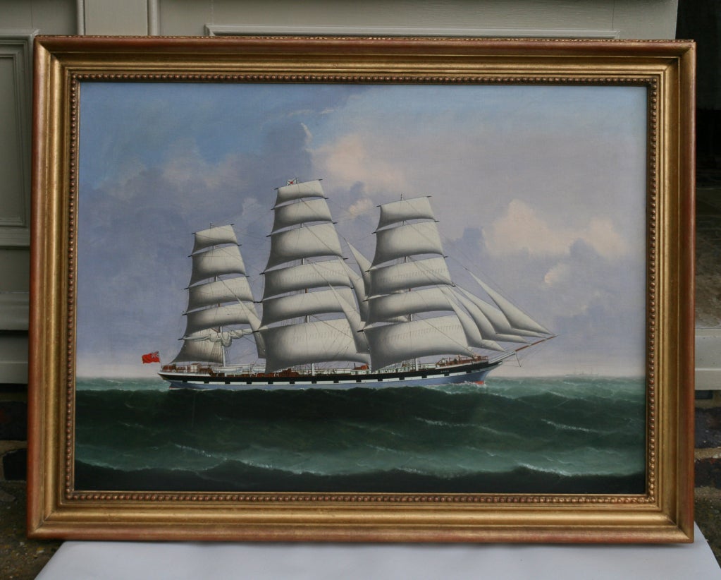 Oil painting of the coolie ship Avon, a three masted iron sailing ship built by Charles Connell of Glasgow. Originally called the Dunolly she was re-named the Avon in 1890. She was primarily used by the Nourse Line for the transportation of Indian