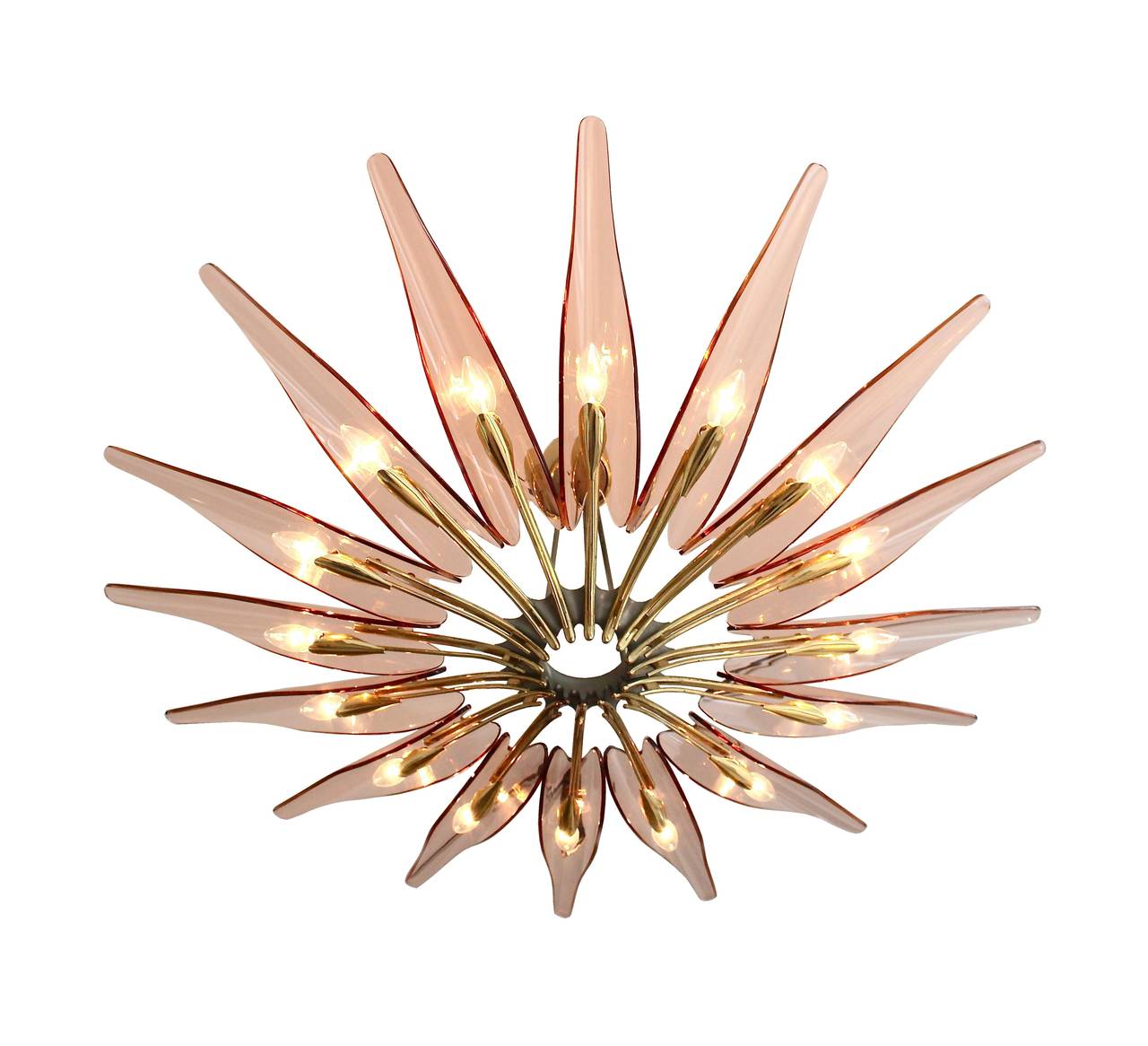 Chandelier in brass and nickelled brass with 16 colored glass 'petals' by Max Ingrand.
Manufactured by Fontana Arte, model no. 1563A.
Documented in 'Illuminazione Quaderni Fontana Arte 1' 1960s.