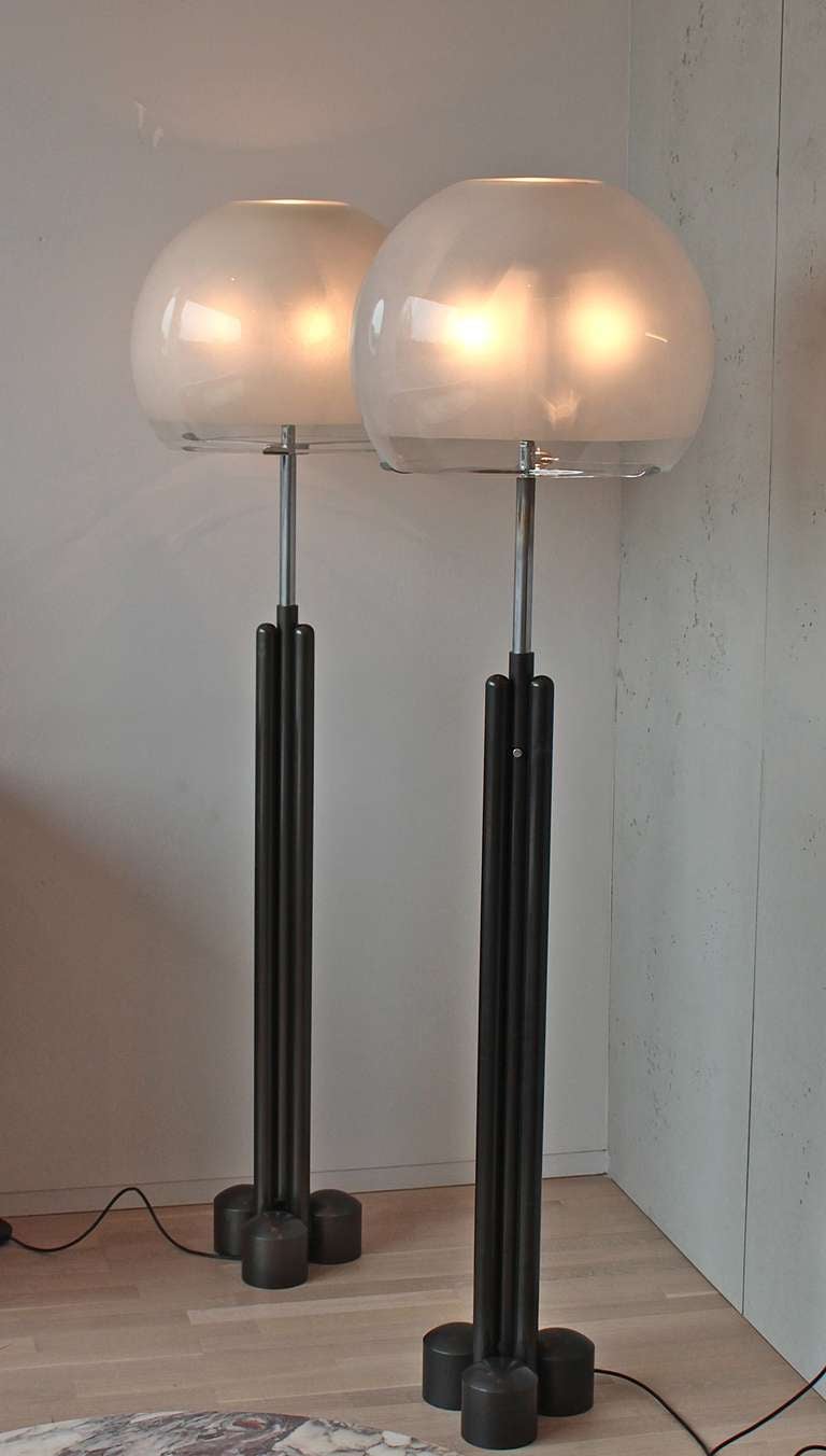 Rare pair of LTE13 Porcino standing lamps by Luigi Caccia Dominioni and edited by Azucena. Steel and chromed metal with  partly sanded  glass shades. Adjustable height. Repertorio 1950-1980 - Giuliana Gramigna -ed Montadori pg 244 