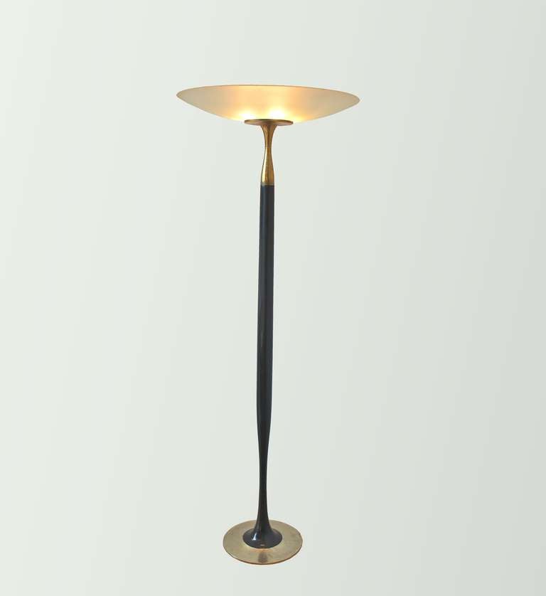 Rare floor lamp in ebonised wood and brass with a sanded glass dish by Max Ingrand for Fontana Arte. Extremely rare model that as far as we know, there has never been one for sale on the market before. It is documented in 