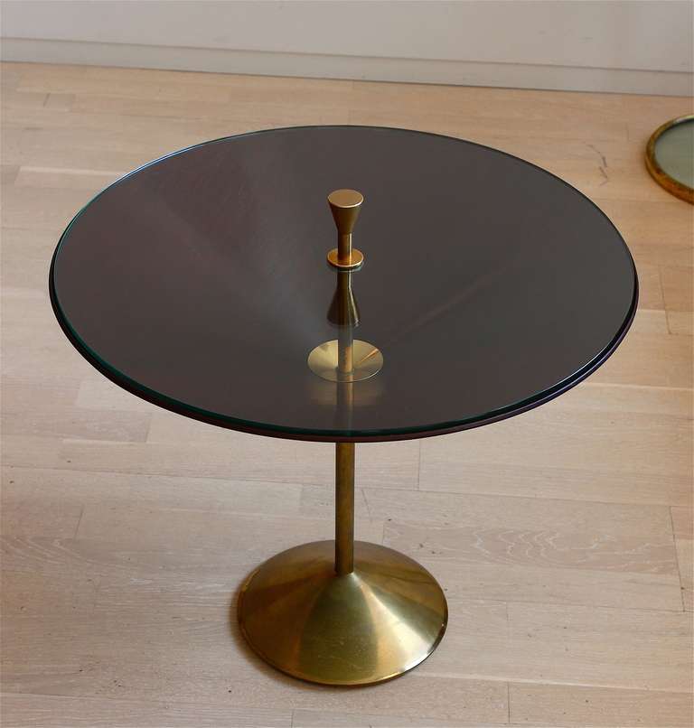 Cone shaped table in wood and brass with glass top by the architect Roberto Mango. Probably produced by Tecno.