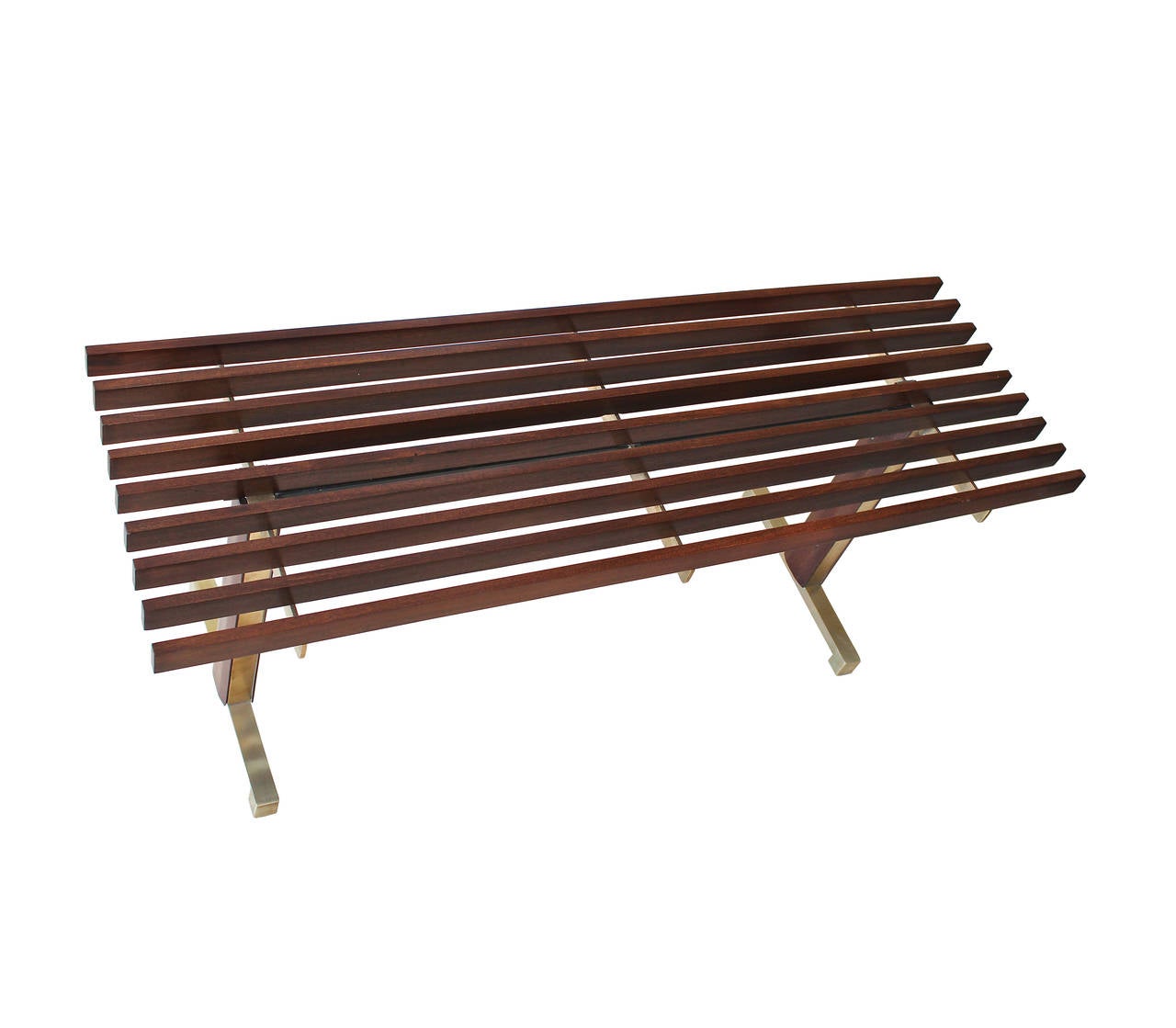 Pair of slatted wooden benches,the legs inset with brass terminating in brass feet.