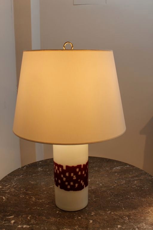 Large cased glass table lamp with brass finial produced by Venini in collaboration with Tecno in the late 60's/ early 70's.
Retains Tecno label on base.