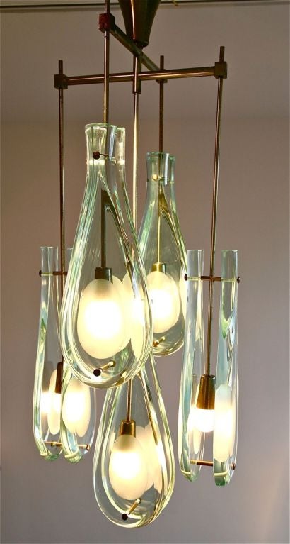 Rare 5 light chandelier by Max Ingrand for Fontana Arte. Polished crystal glass drops and nickelled brass frame. Model no. 2338.