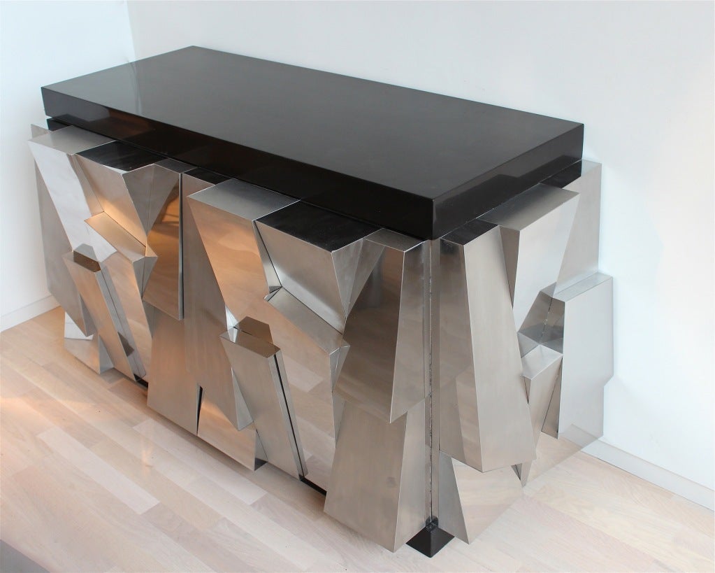 Rare cabinet from the Cityscape series by Paul Evans in a combination of brushed and polished steel with a lacquered top and base.