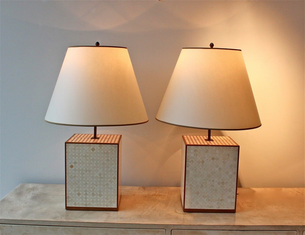 Pair of large scale table lamps in wood with panels of coloured resin inset with bone.<br />
Brass stems and finials with new parchment shades.