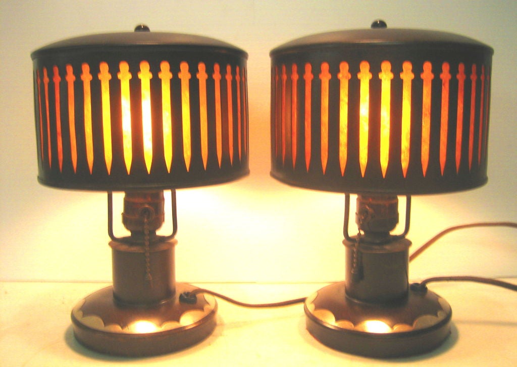 Rare pair of boudoir lamps with stylized 