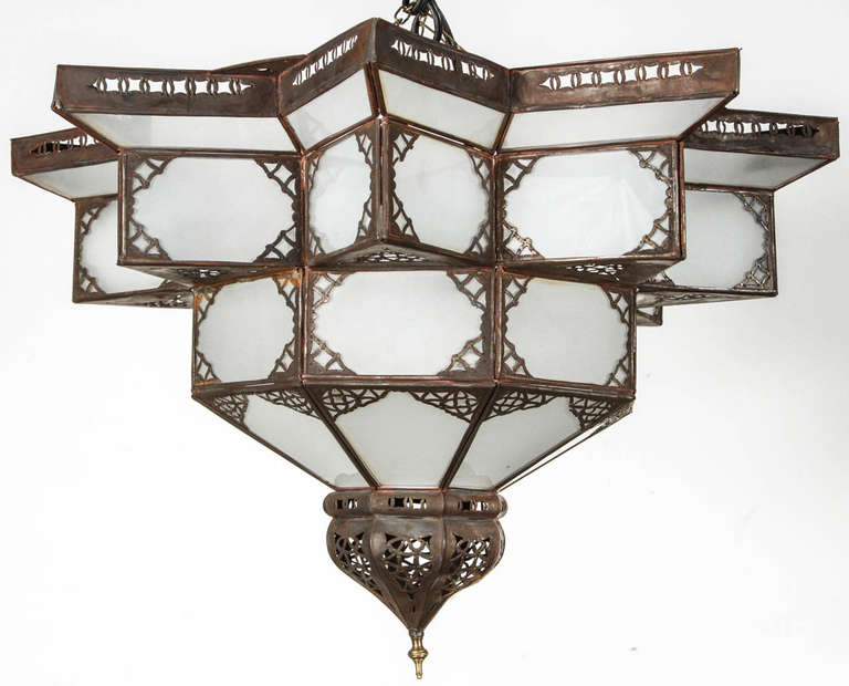 Moroccan Star Shape Frosted Glass Chandelier In Fair Condition In North Hollywood, CA
