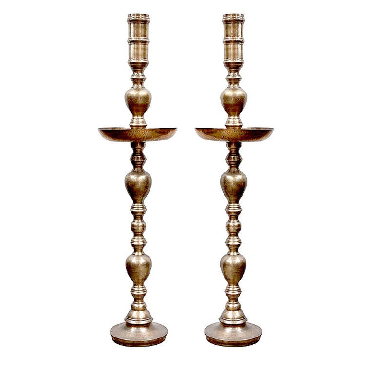 Pair of Vintage Moroccan Engraved Brass Candlestand