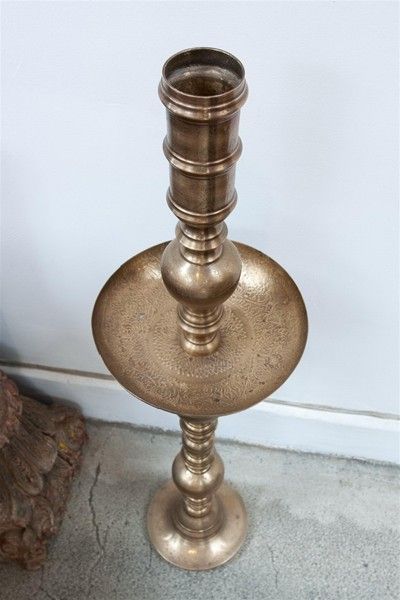 Islamic Pair of Vintage Moroccan Engraved Brass Candlestand