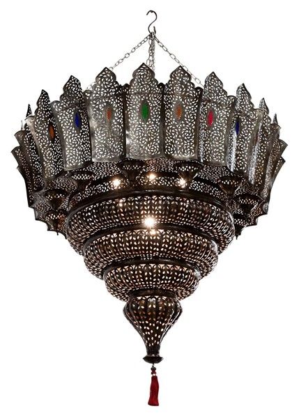 Oversize handcrafted pierced brass Moorish chandelier in the style of Alberto Pinto.

Delicately hand crafted and chiseled with fine filigree designs.

Size: 6' H from the top of the canopy to the bottom of the tassel x 3' Diameter.

Body of