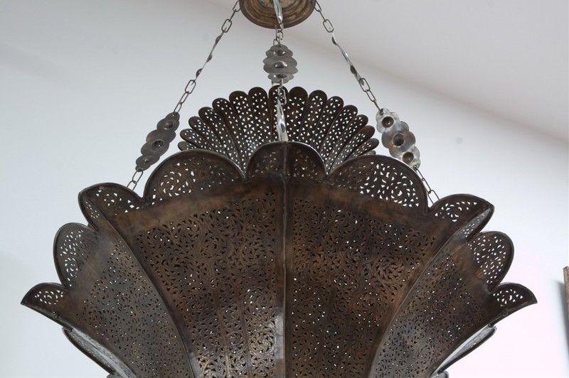 Large Vintage Moorish pierced brass chandelier 1
