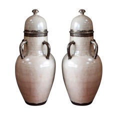 Large Olive Ceramic Urns with Lid from Morocco