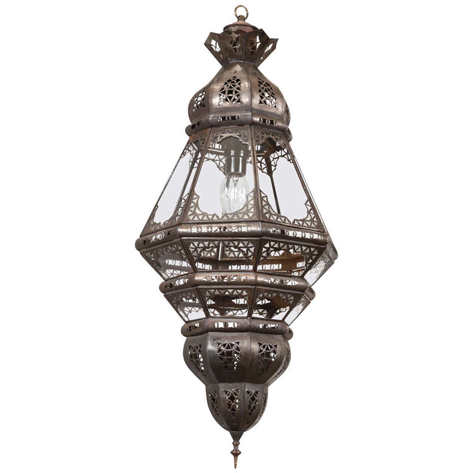 Moroccan Moorish Filigree Metal and Clear Glass Lantern