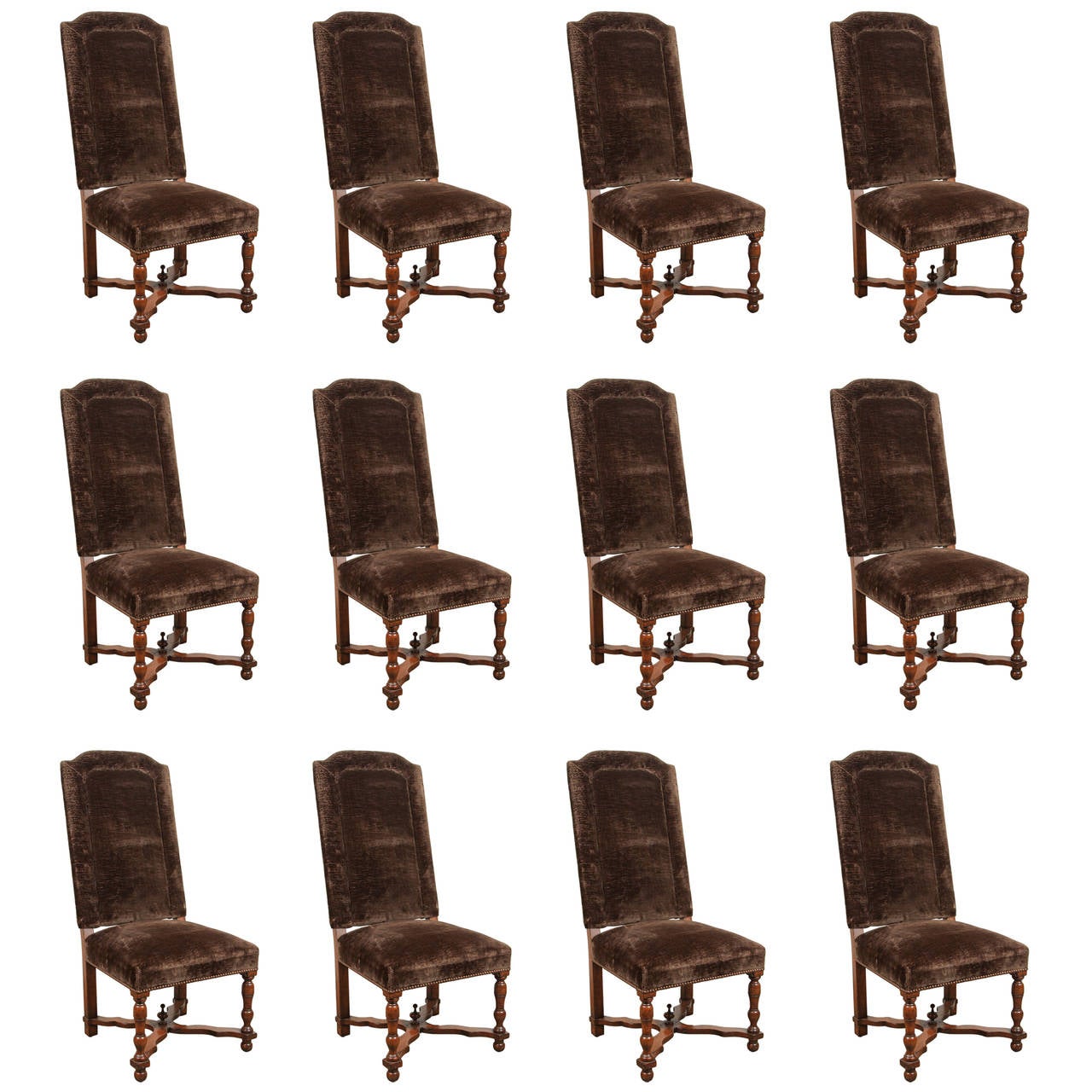 Set of 12 High Back Brown Velvet Spanish Dining Chairs at 1stDibs