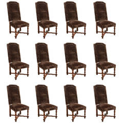 Set of 12 High Back Brown Velvet Spanish Dining Chairs