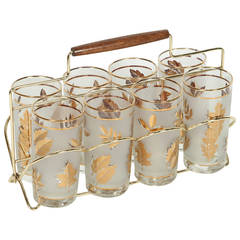 Vintage Set of Eight Mid-Century Libbey Glasses in Brass Cart