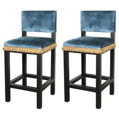 Pair of Blue Velvet French Art Deco Style Barstools