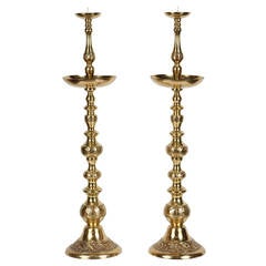 Pair of Vintage Moorish Engraved Polished Brass Candle Stand