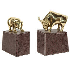 Polished Brass Bull and Bear Bookends on Leather Stitched Book Ends 1