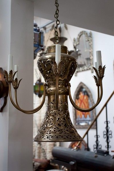 Highly Detailed Moorish Revival Style or Mamluk revival pierced brass Chandelier. Beautiful Impressive Intricate hand crafted pierced brass chandelier with lots of fine details hand cut and hand-chase. Palatinate Brass with 6 branches.<br />
<br