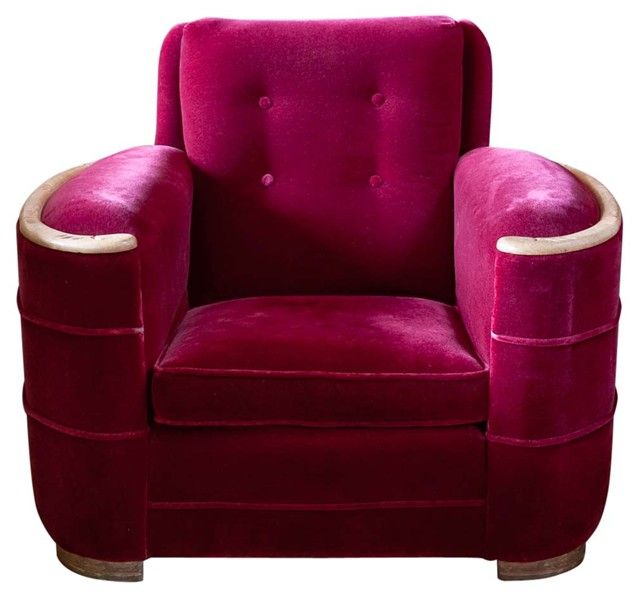 French Art Deco Style Club Chair, very nice and comfy look like the old theater chair from the Hollywood Glamour time.<br />
Mohair burgundy color upholstery.<br />
<br />
Reduced was $ 1,950 Now $ 1,250<br />
Moorish, Spanish, African, Islamic